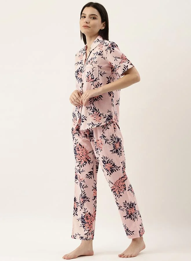 sanskrutihomes Pink Floral Print Cotton Shirt and Pyjama Set