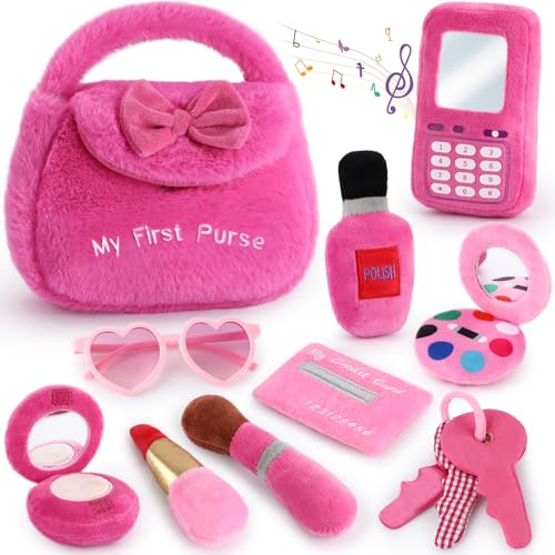 Golray Plush Toddler Purse Baby Girl Pretend Play Toy 10 Pcs My First Purse with Soft Sensory Toy SmartphoneCrinkle Makeup Beauty Playset for Toddler Baby Girl Christmas Birthday Gift Ages 3 4 5 - Image 1