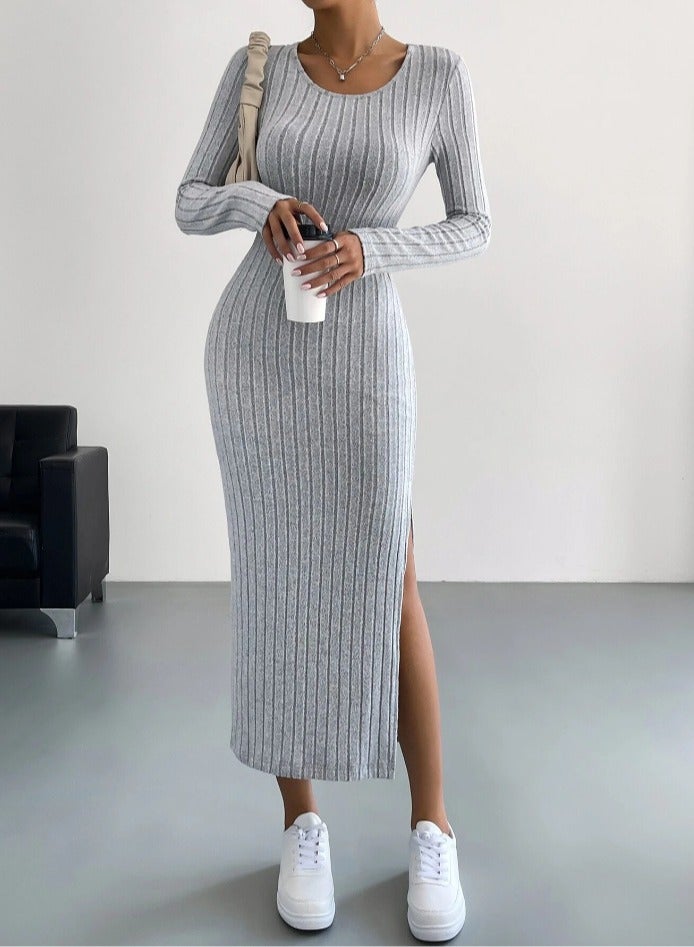 NIBEMINENT Solid Rib Knit Sweater Dress, Elegant Round Neck Long Sleeve Midi Dress, Women's Clothing  - Image 1