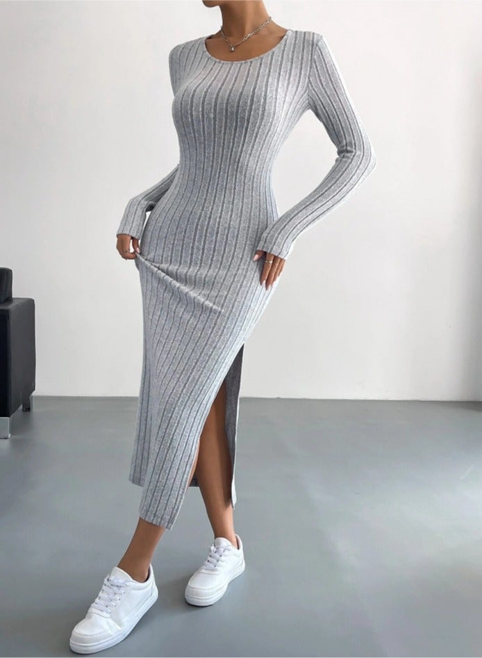 NIBEMINENT Solid Rib Knit Sweater Dress, Elegant Round Neck Long Sleeve Midi Dress, Women's Clothing  - Image 4