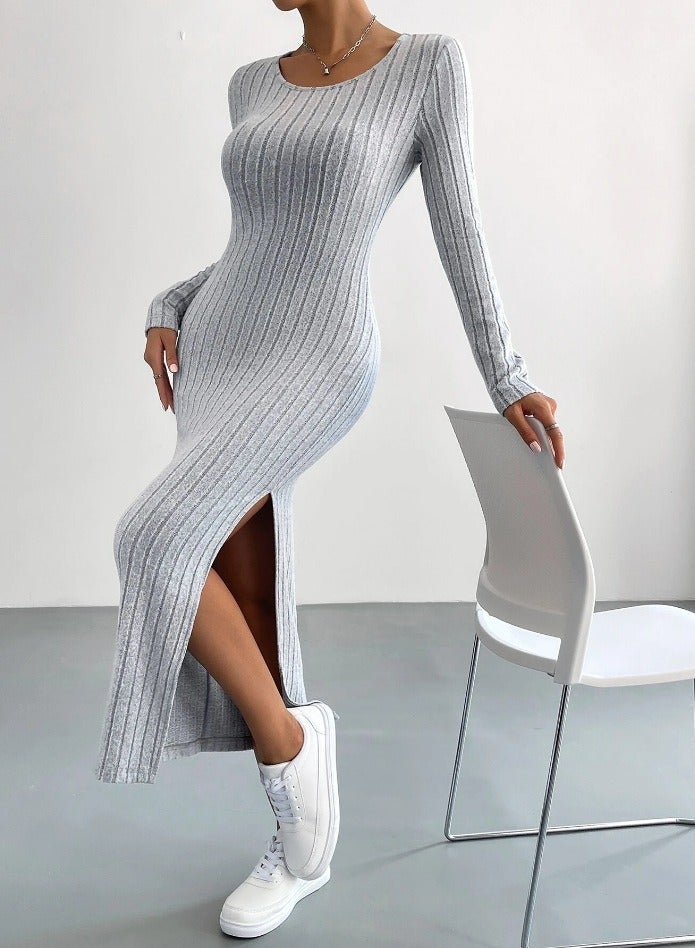 NIBEMINENT Solid Rib Knit Sweater Dress, Elegant Round Neck Long Sleeve Midi Dress, Women's Clothing  - Image 5