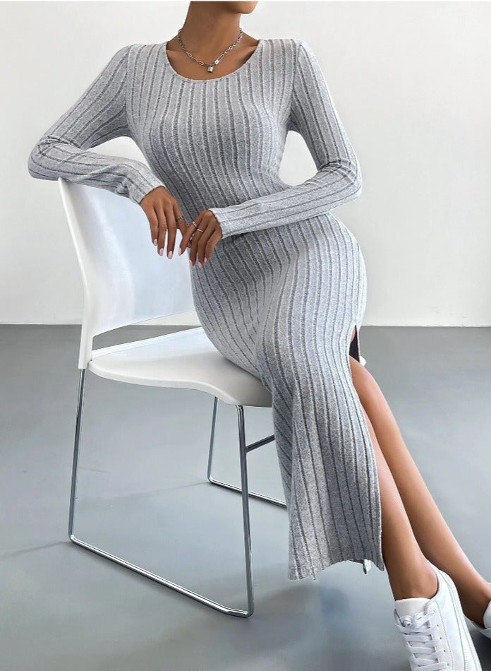 NIBEMINENT Solid Rib Knit Sweater Dress, Elegant Round Neck Long Sleeve Midi Dress, Women's Clothing  - Image 3