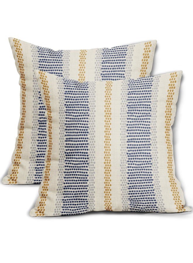 Aytipun Blue Yellow Pillow Covers 18x18 Set of 2 Gray Grey Dot Print Striped Decorative Throw Pillows Outdoor Boho Rustic Pillowcase Farmhouse Linen Cushion Case Decor for Home Sofa Couch Bed - Image 1