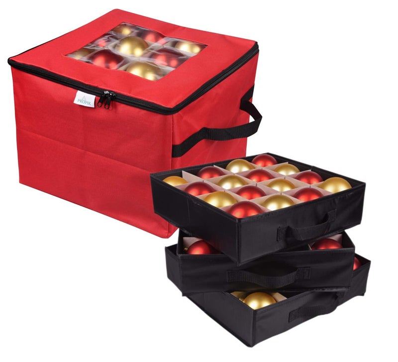 ProPik Christmas Ornament Storage Box Organizer Holds Up to 48 Xmas Balls with 3 Separate Removable Trays Container has Dividers to Organize Holiday Tree Ornaments Red