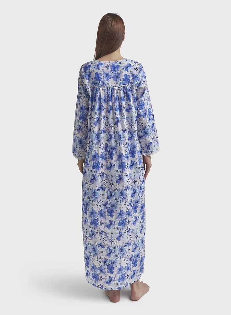 Kashkha  Ink Blue Liberty Cotton Floral Print Long Nightwear Dress (REM3100) for Women | Best Price UAE