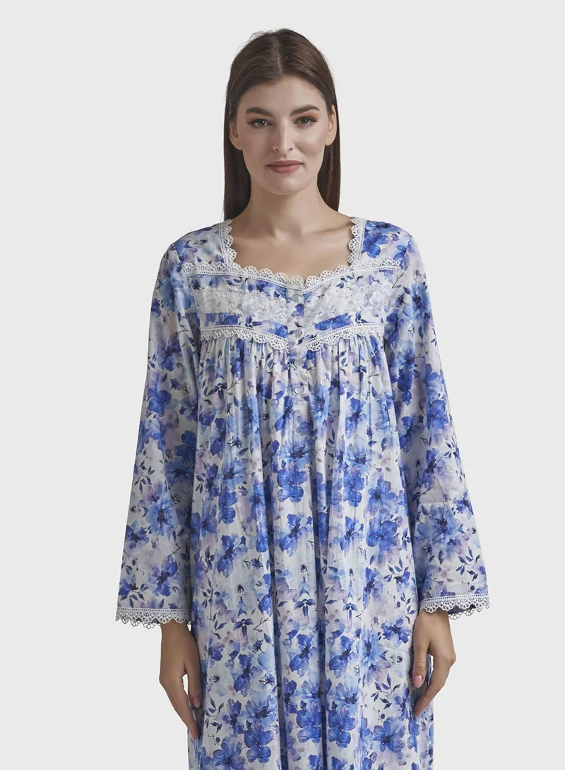 Kashkha Ink Blue Liberty Cotton Floral Print Long Nightwear Dress (REM3100)