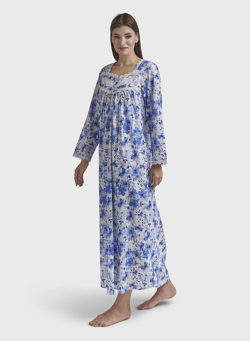 Kashkha  Ink Blue Liberty Cotton Floral Print Long Nightwear Dress (REM3100) for Women | Best Price UAE