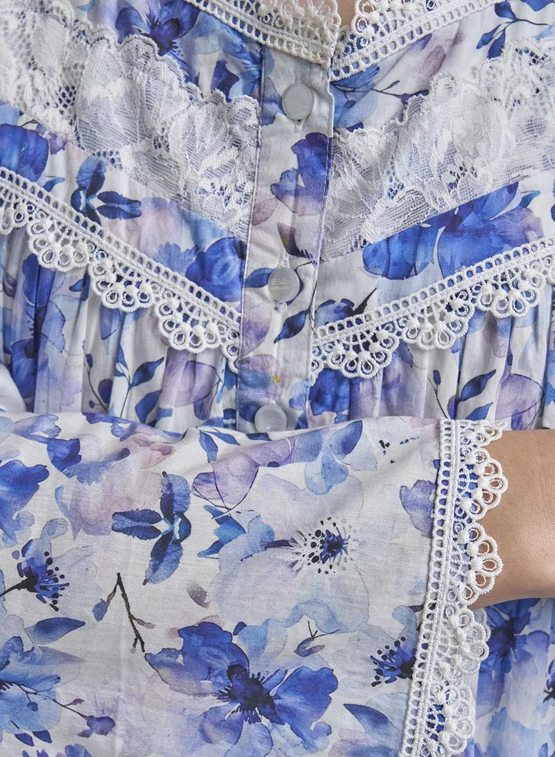 Kashkha  Ink Blue Liberty Cotton Floral Print Long Nightwear Dress (REM3100) for Women | Best Price UAE