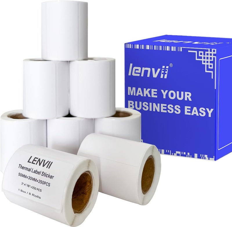 LENVII 50x30mm (2"x1.18") Thermal Labels 2000 Sheets - 8 Rolls × 250 Labels, 3-Proof (Water/Oil/Scratch) Multi-Use Adhesive Stickers for Address/Barcode/FNSKU Tags -Home/Office/Product/Gift Labeling - Image 1