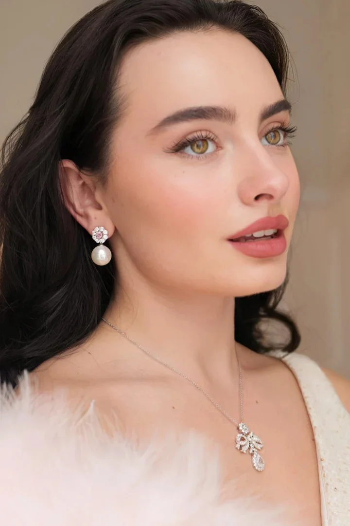 Theresa' Pearl and Pink Crystal Silver Earrings