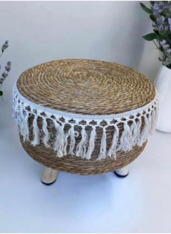 Foot Stool Natural Seagrass Hand Weave Poufs Round Ottoman for Couch Desk Soft Step Stool Padded Foot Rest with Non Skid Pine Legs for Hallway Office Lounge