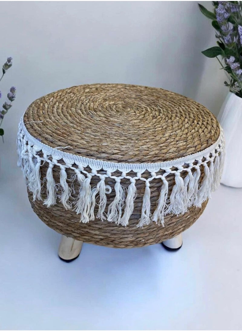 LINGWEI - Foot Stool Natural Seagrass Hand Weave Poufs Round Ottoman for Couch Desk Soft Step Stool Padded Foot Rest with Non Skid Pine Legs for Hallway Office Lounge - Image 1