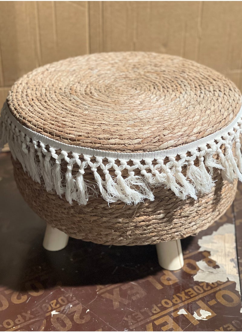 LINGWEI - Foot Stool Natural Seagrass Hand Weave Poufs Round Ottoman for Couch Desk Soft Step Stool Padded Foot Rest with Non Skid Pine Legs for Hallway Office Lounge - Image 1