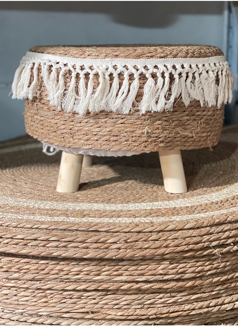 LINGWEI - Foot Stool Natural Seagrass Hand Weave Poufs Round Ottoman for Couch Desk Soft Step Stool Padded Foot Rest with Non Skid Pine Legs for Hallway Office Lounge - Image 1