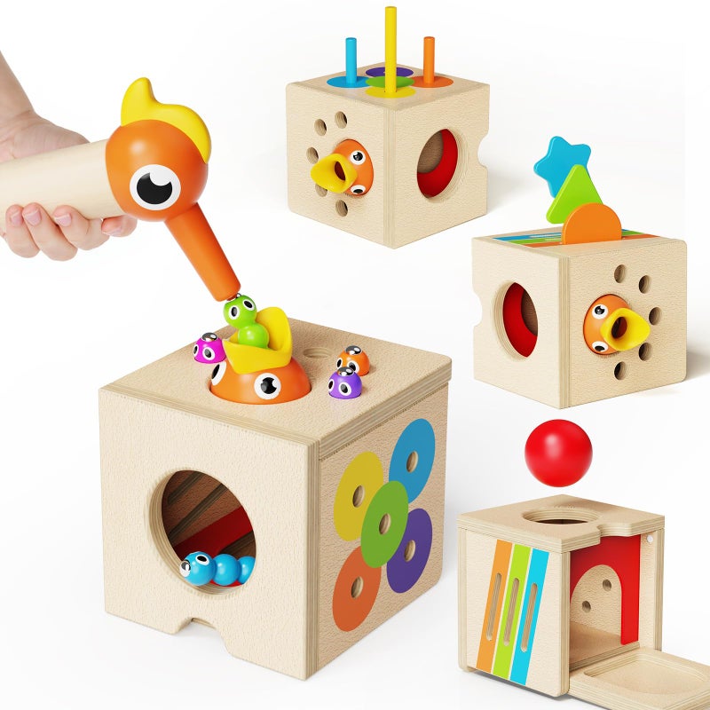 Takeeyce 5in1 Wooden Activity Cube Toddlers Montessori Toys for Baby Boys Girls Baby Activity Center for 2 Year Old Woodpecker Worm Toy Magnetic Bird Feeding Game Educational Color Shape Sorting Toy - Image 3