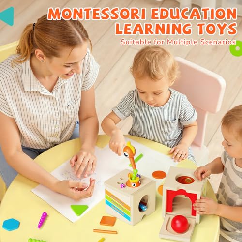 Takeeyce 5in1 Wooden Activity Cube Toddlers Montessori Toys for Baby Boys Girls Baby Activity Center for 2 Year Old Woodpecker Worm Toy Magnetic Bird Feeding Game Educational Color Shape Sorting Toy - Image 5