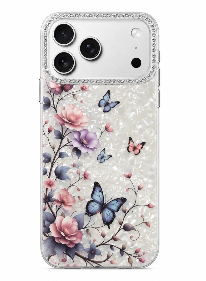 VR CREATIVE Protective Case Cover for Apple iPhone 17 Pro Max with Floral Marble Butterfly Print Transparent TPU + PC Shockproof Back Cover Design 1