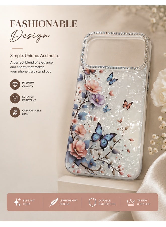 VR CREATIVE Protective Case Cover for Apple iPhone 17 Pro Max with Floral Marble Butterfly Print Transparent TPU + PC Shockproof Back Cover Design 1 - Image 4