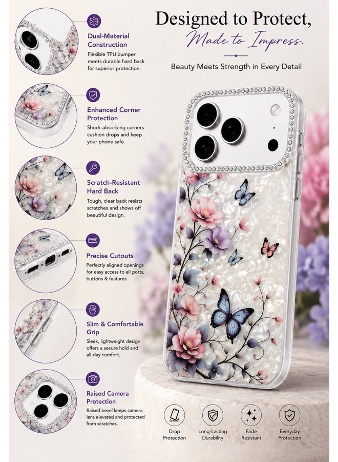 VR CREATIVE Protective Case Cover for Apple iPhone 17 Pro Max with Floral Marble Butterfly Print Transparent TPU + PC Shockproof Back Cover Design 1 - Image 3