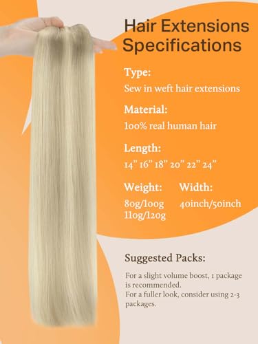 DOORES Weft Hair Extensions Human Hair Ash Blonde Highlighted Platinum Blonde 24 Inch 120g Hand Tied Sew in Extensions Real Human Hair - Image 3