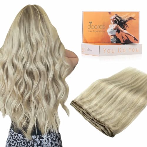 DOORES Weft Hair Extensions Human Hair Ash Blonde Highlighted Platinum Blonde 24 Inch 120g Hand Tied Sew in Extensions Real Human Hair - Image 1