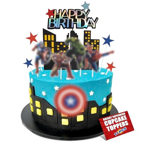 V TOWER Superhero Birthday Decorations 11Pcs Colorful Superhero Cake Topper with Bold Action Figures Sturdy Cardboard Installation Stick Easy to Use Super Hero Birthday Decorations for Boys Girls - Image 1