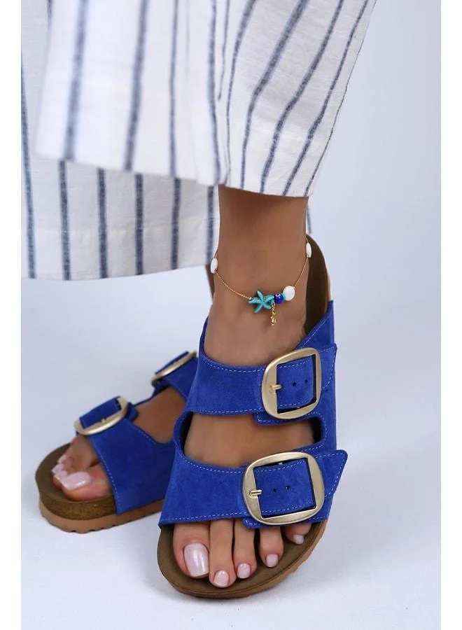 Irene Genuine Leather Double‑Strap Blue Slipper
