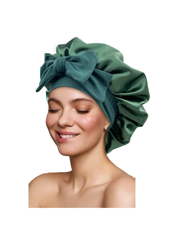 Gili - Satin Silk Bonnet Hair Bonnet For Sleeping Large Bonnets With Tie Band Hair Wrap With Adjustable Straps Hair Cap Night Sleep Caps For Women Curly Braid Hair Hunter Green - Image 1