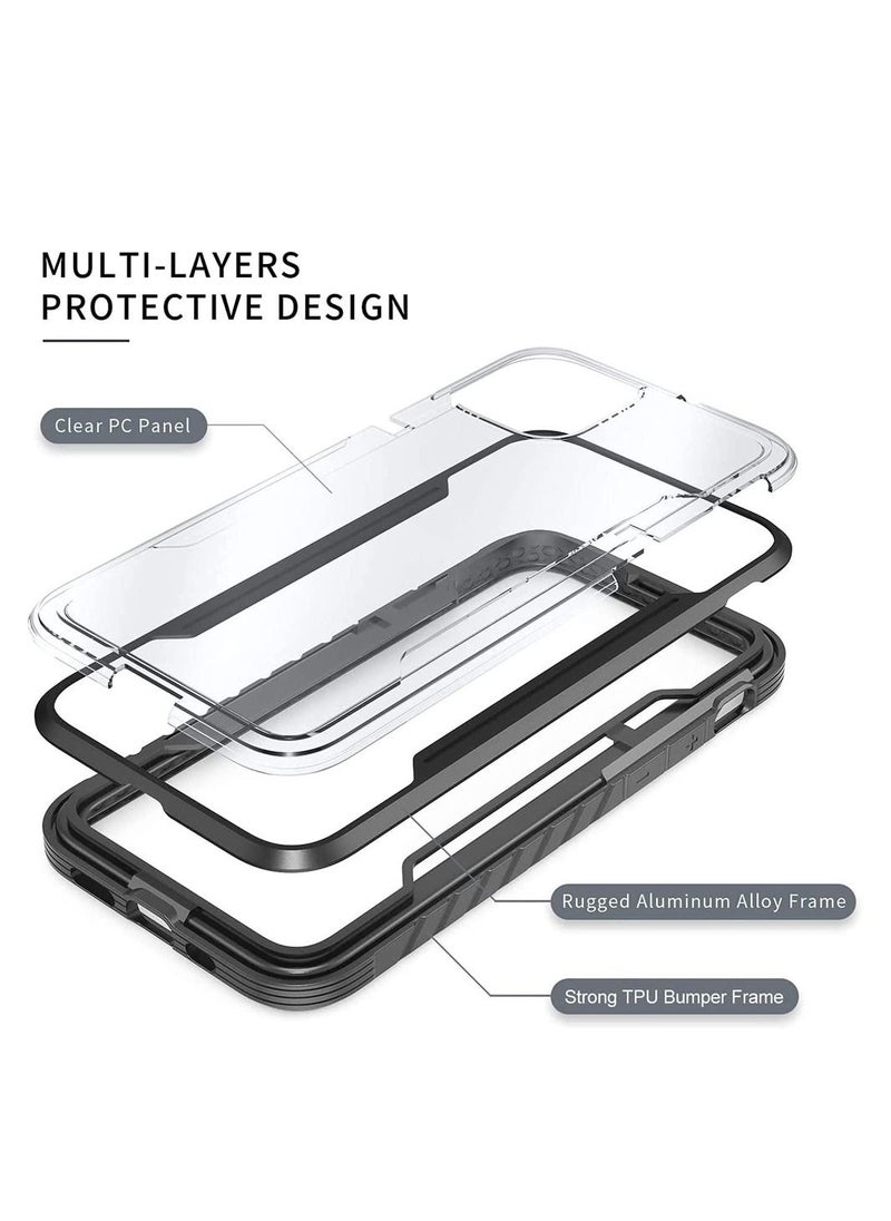 JOWAY - iPhone 13 and iPhone 14 Heavy Duty Defender Case Rugged Anti-Drop Clear Back Cover with Shockproof Hybrid Metal and TPU Bumper Frame Black - Image 1