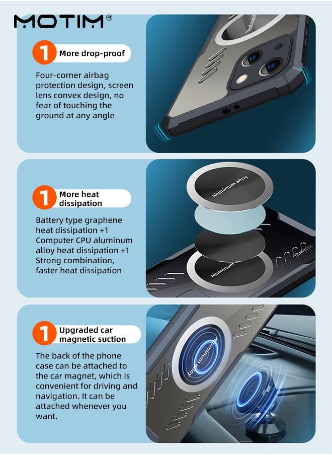 Motim - Phone Cooling Case for iPhone 14/14 Plus, Heat Dissipation, Aluminum Alloy Cooling Cover, Support Car Magnetic Suction Function, Back TPU Bumper Case for iPhone 14 Pro/14 Pro Max - Image 1
