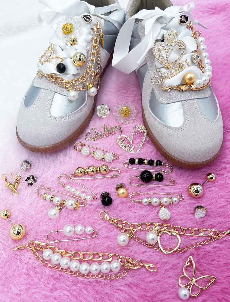 Acwenie Shoe Charms for Sneakers & Socks â€“ Stylish Pearl & Chains Shoe Accessories Kit with Ribbon Laces, Bows, Clips & Pins â€“ Trendy Shoe & Junk Socks Decorations for Women & Girls - Image 4