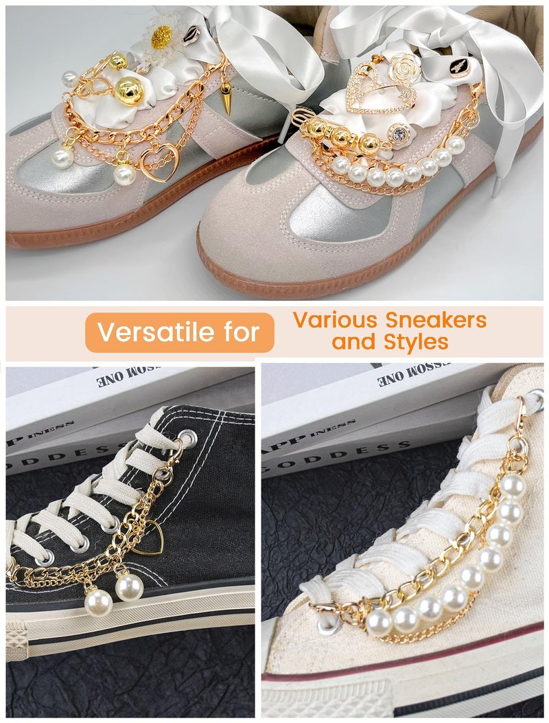 Acwenie Shoe Charms for Sneakers & Socks â€“ Stylish Pearl & Chains Shoe Accessories Kit with Ribbon Laces, Bows, Clips & Pins â€“ Trendy Shoe & Junk Socks Decorations for Women & Girls - Image 3