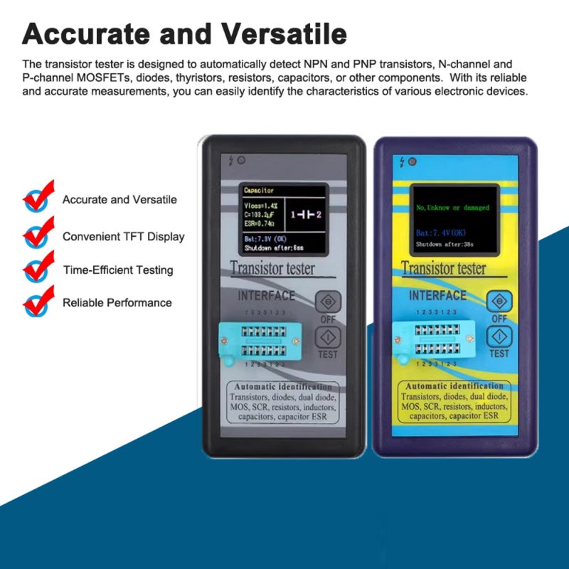 Transistor Tester NPN PNP Transistor Diode Resistor Inductor Capacitance MOS SCR ESR Meter with 1.8 Inch TFT Screen Automatic Pin Detection - Image 3