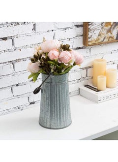 MyGift Galvanized Silver Metal Vase For Table Rustic Farmhouse Flower Bucket With Mango Wood Handle Handcrafted In India  - Image 4