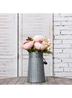 MyGift Galvanized Silver Metal Vase For Table Rustic Farmhouse Flower Bucket With Mango Wood Handle Handcrafted In India  - Image 3