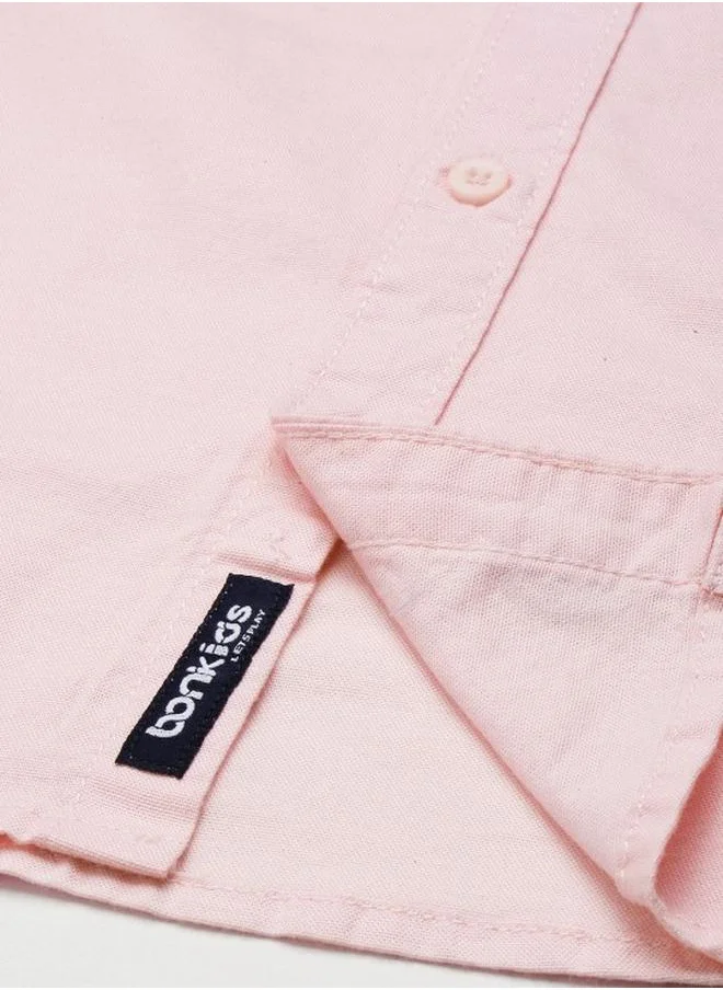 بونكيدز Boy's shirts in regular fit pink colour cotton fabric embellished pattern pull over closure woven weave type round collar type round neckline half sleeve length button down upper body wear type suitable for casual occasions – bring home style that tells a story.