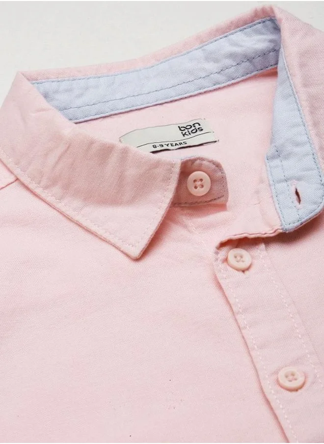 بونكيدز Boy's shirts in regular fit pink colour cotton fabric embellished pattern pull over closure woven weave type round collar type round neckline half sleeve length button down upper body wear type suitable for casual occasions – bring home style that tells a story.