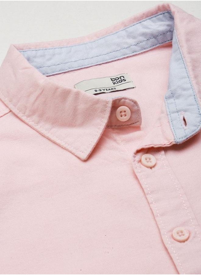 Bonkids - Boy's shirts in regular fit pink colour cotton fabric embellished pattern pull over closure woven weave type round collar type round neckline half sleeve length button down upper body wear type suitable for casual occasions – bring home style that tells a story. - Image 1
