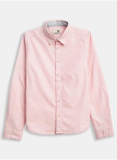 Boy's shirts in regular fit pink colour cotton fabric embellished pattern pull over closure woven weave type round collar type round neckline half sleeve length button down upper body wear type suitable for casual occasions – bring home style that tells a story.
