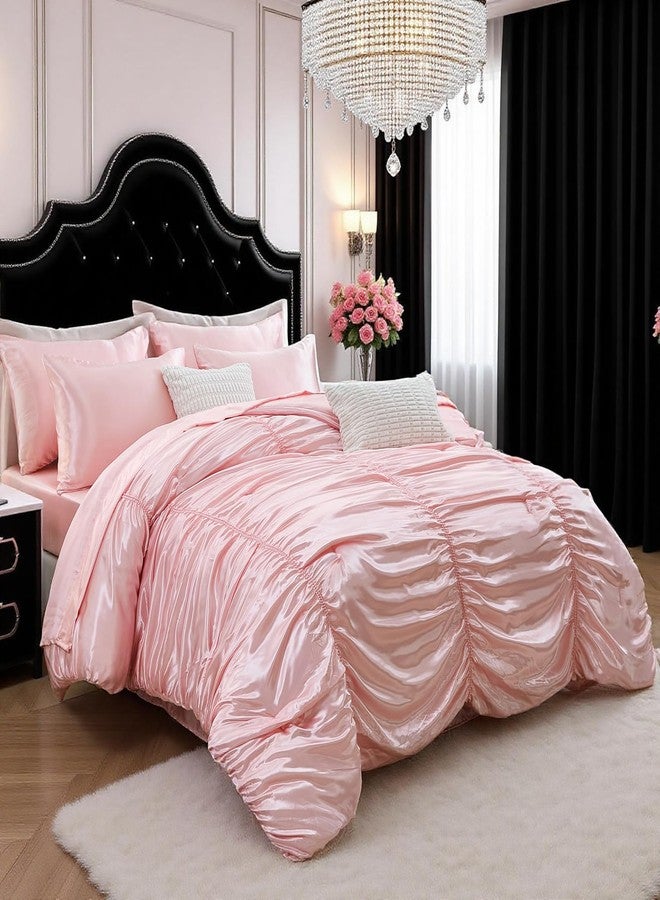 Bedorm Queen Size Satin Comforter Set 9 Pcs Pinch Pleat Bedding Comforter Extra Soft Fluffy Silky Pink Satin Bedding Set with Comforter, Flat Sheet, Fitted Sheet, Pillowcase & Cushion Cover - Image 1
