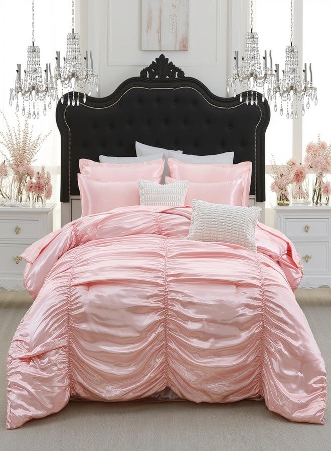 Bedorm Queen Size Satin Comforter Set 9 Pcs Pinch Pleat Bedding Comforter Extra Soft Fluffy Silky Pink Satin Bedding Set with Comforter, Flat Sheet, Fitted Sheet, Pillowcase & Cushion Cover - Image 2