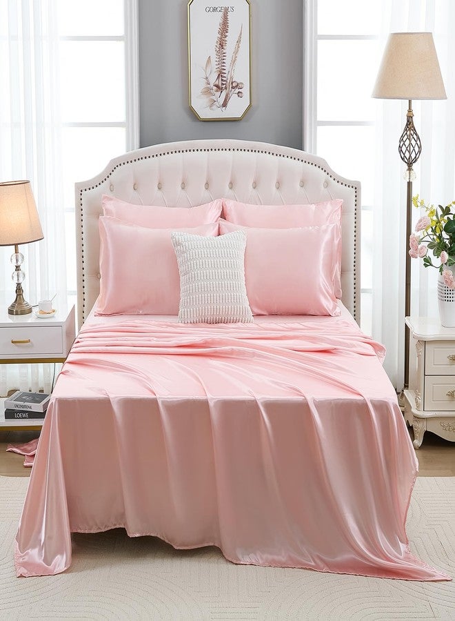 Bedorm Queen Size Satin Comforter Set 9 Pcs Pinch Pleat Bedding Comforter Extra Soft Fluffy Silky Pink Satin Bedding Set with Comforter, Flat Sheet, Fitted Sheet, Pillowcase & Cushion Cover - Image 5