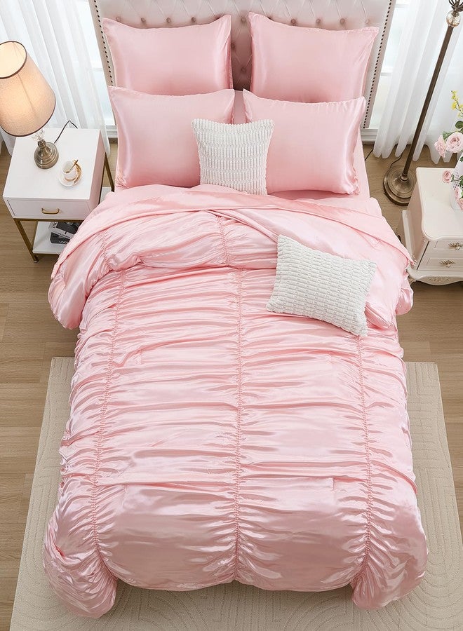 Bedorm Queen Size Satin Comforter Set 9 Pcs Pinch Pleat Bedding Comforter Extra Soft Fluffy Silky Pink Satin Bedding Set with Comforter, Flat Sheet, Fitted Sheet, Pillowcase & Cushion Cover - Image 3