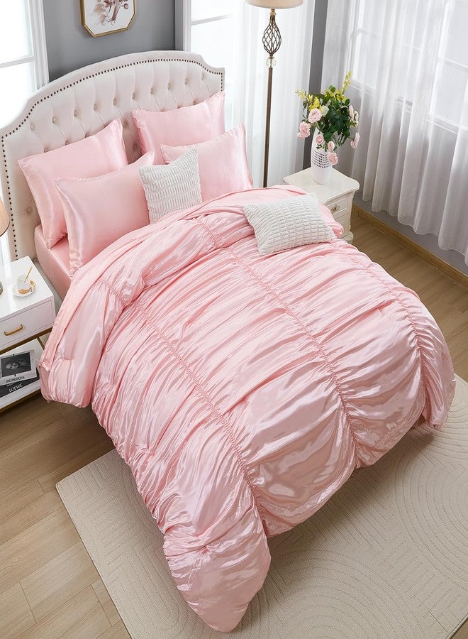 Bedorm Queen Size Satin Comforter Set 9 Pcs Pinch Pleat Bedding Comforter Extra Soft Fluffy Silky Pink Satin Bedding Set with Comforter, Flat Sheet, Fitted Sheet, Pillowcase & Cushion Cover - Image 4