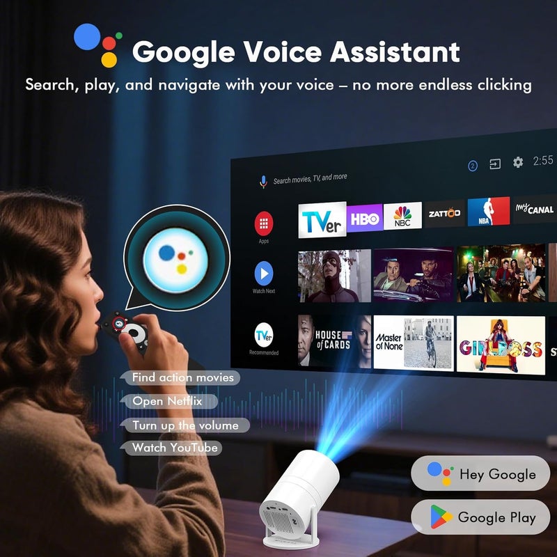 WISHOLY [ Built-in Google TV & Voice Control] WISHOLY Mini Projector with WiFi and Bluetooth, Built-in Streaming Apps, Portable Movie Projector 4K with 180Â° Rotatable for Outdoor, Home Theater, Movie Night - Image 3