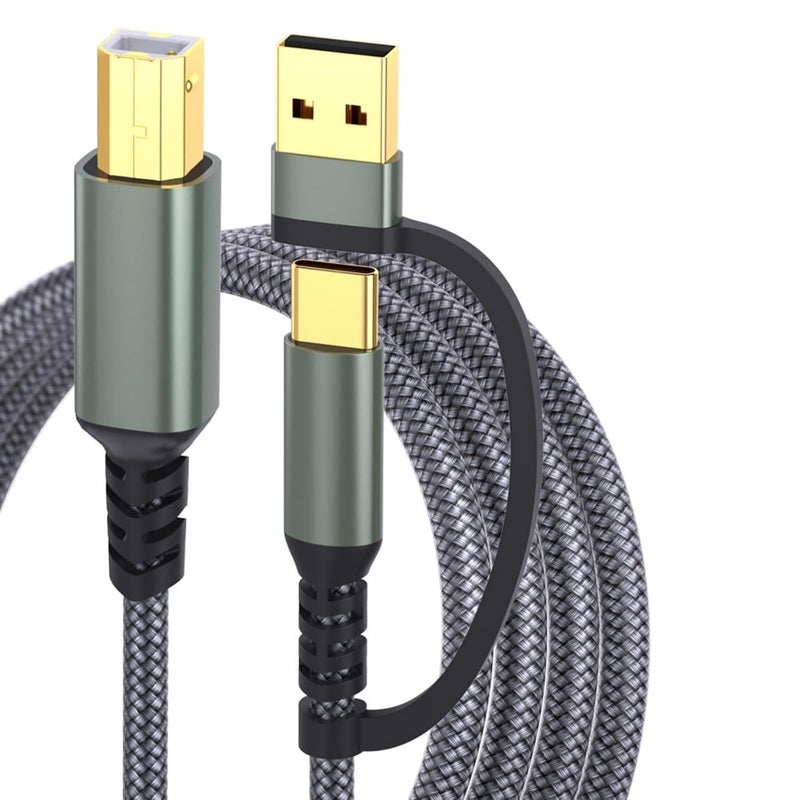 Gray 2 in 1 USB A and C to USB B Printer Cable Braided Cord Fast Data Transfer - Image 1