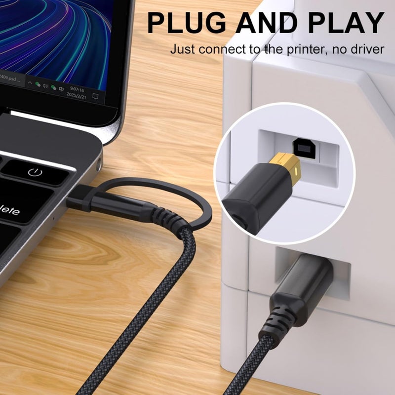 Gray 2 in 1 USB A and C to USB B Printer Cable Braided Cord Fast Data Transfer - Image 3
