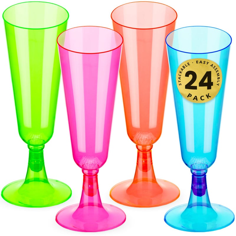 DecorRack 24 Neon Champagne Flute Disposable Plastic Wine Glasses Perfect for Outdoor Parties Weddings Picnics Shatterproof Champagne Glasses Stackable Stemmed Flutes Pack of 24