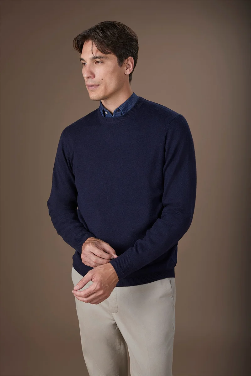 Men's regular fit crew neck jumper in wool and cotton - DK Blue
