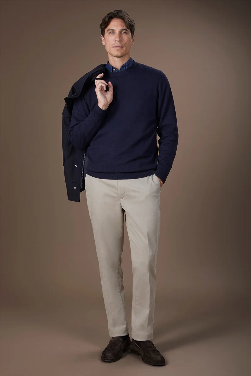 Doppelganger Blue Men's regular fit crew neck jumper in wool and cotton - DK Blue for Men | Best Price UAE